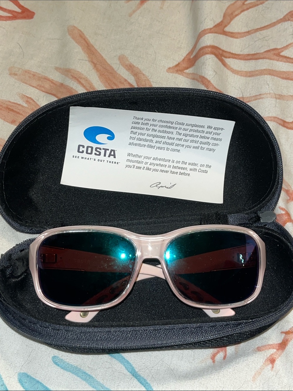 Costa Women’s Light Pink Frame Sunglasses with Green Mirrored Lenses